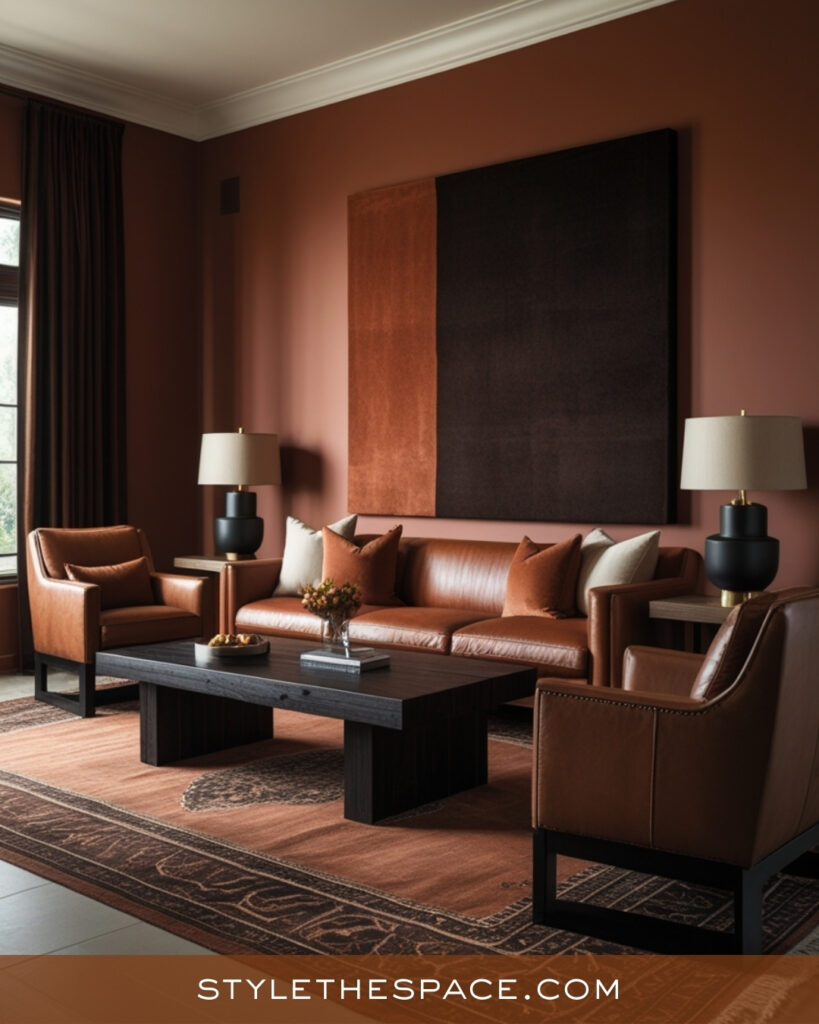 Moody Terracotta Living Room With Leather and Dark Wood
