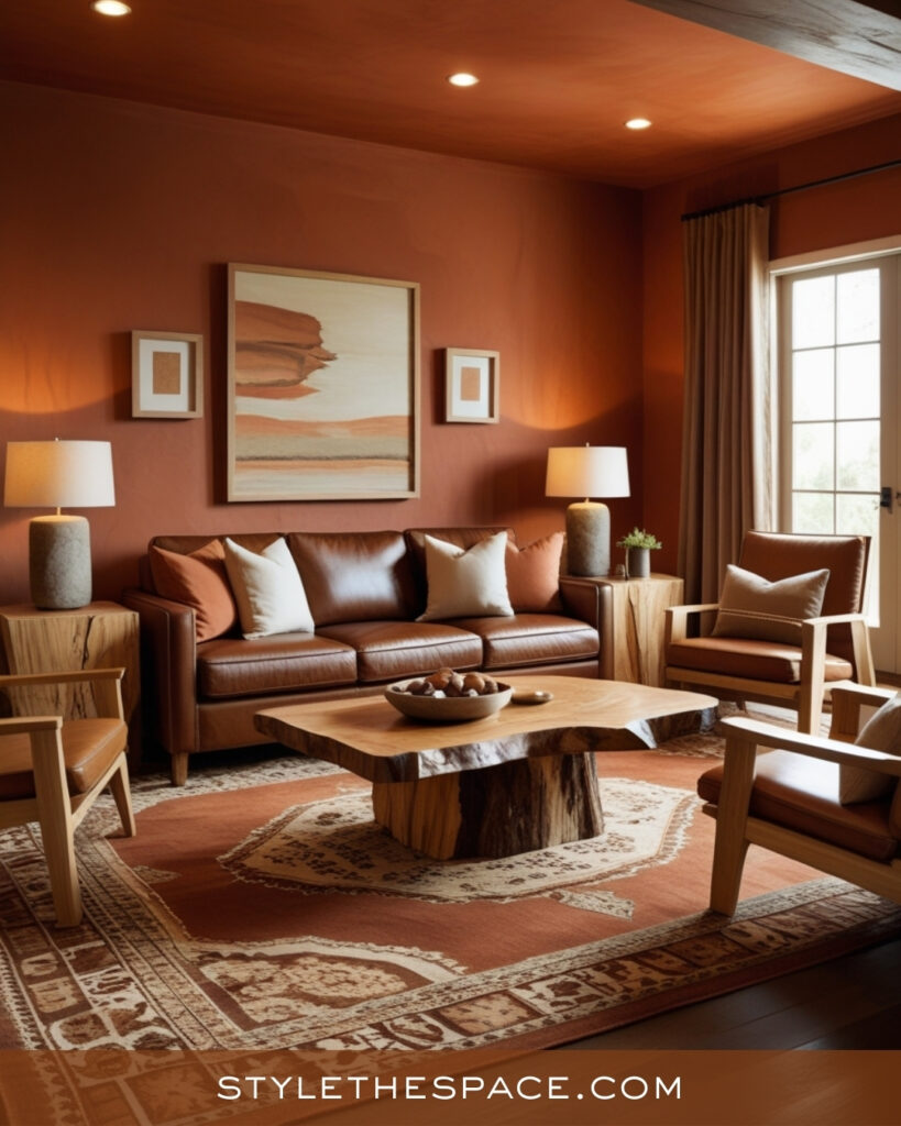 Warm Terracotta Living Room With Leather and Natural Wood