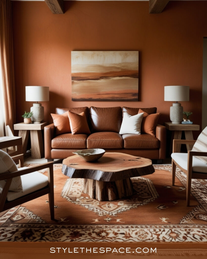 Warm Terracotta Living Room With Leather and Natural Wood