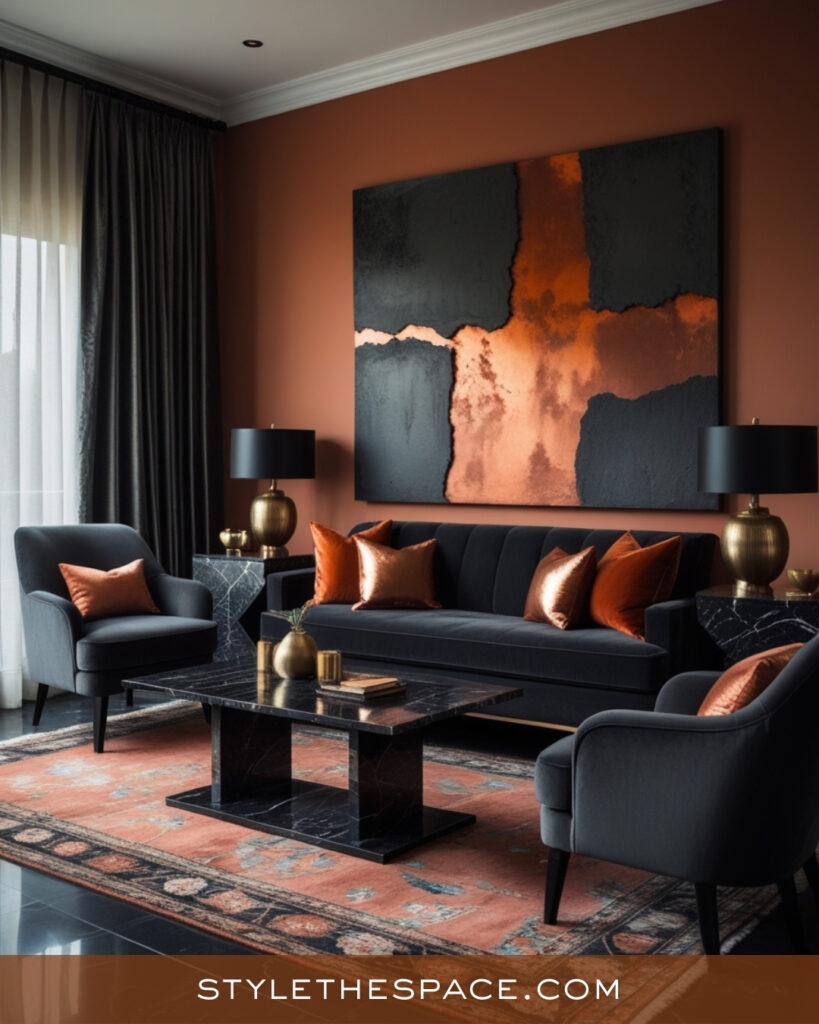 Terracotta Living Room With Charcoal and Warm Metallic Accents