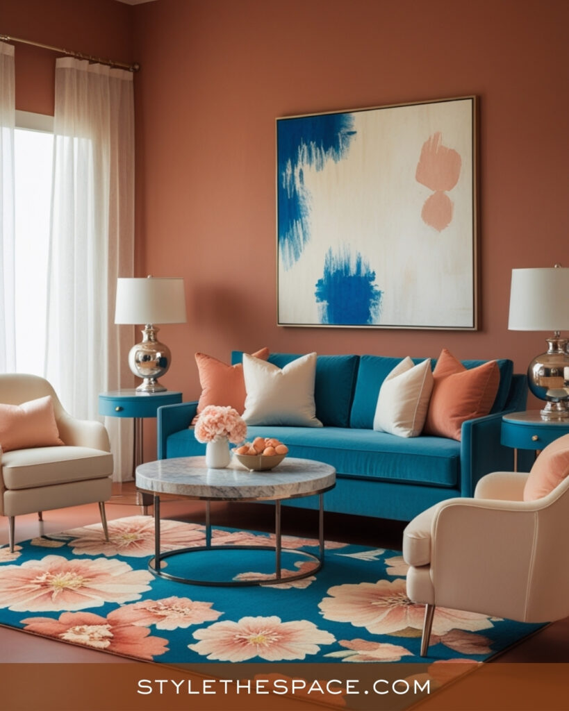 Terracotta Living Room With Teal and Soft Blush Accents