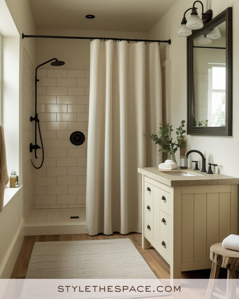 Warm Ivory Bathroom With Soft Sage and Matte Black Accents