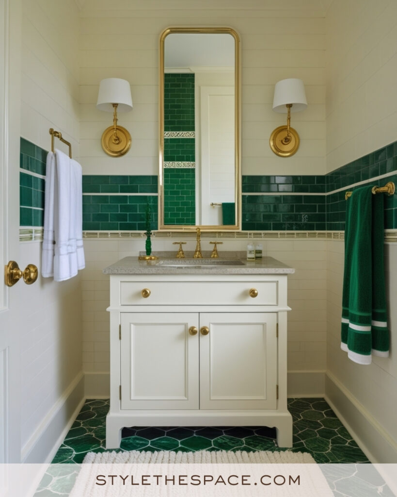 Ivory Bathroom With Emerald Green Tiles and Brass Accents
