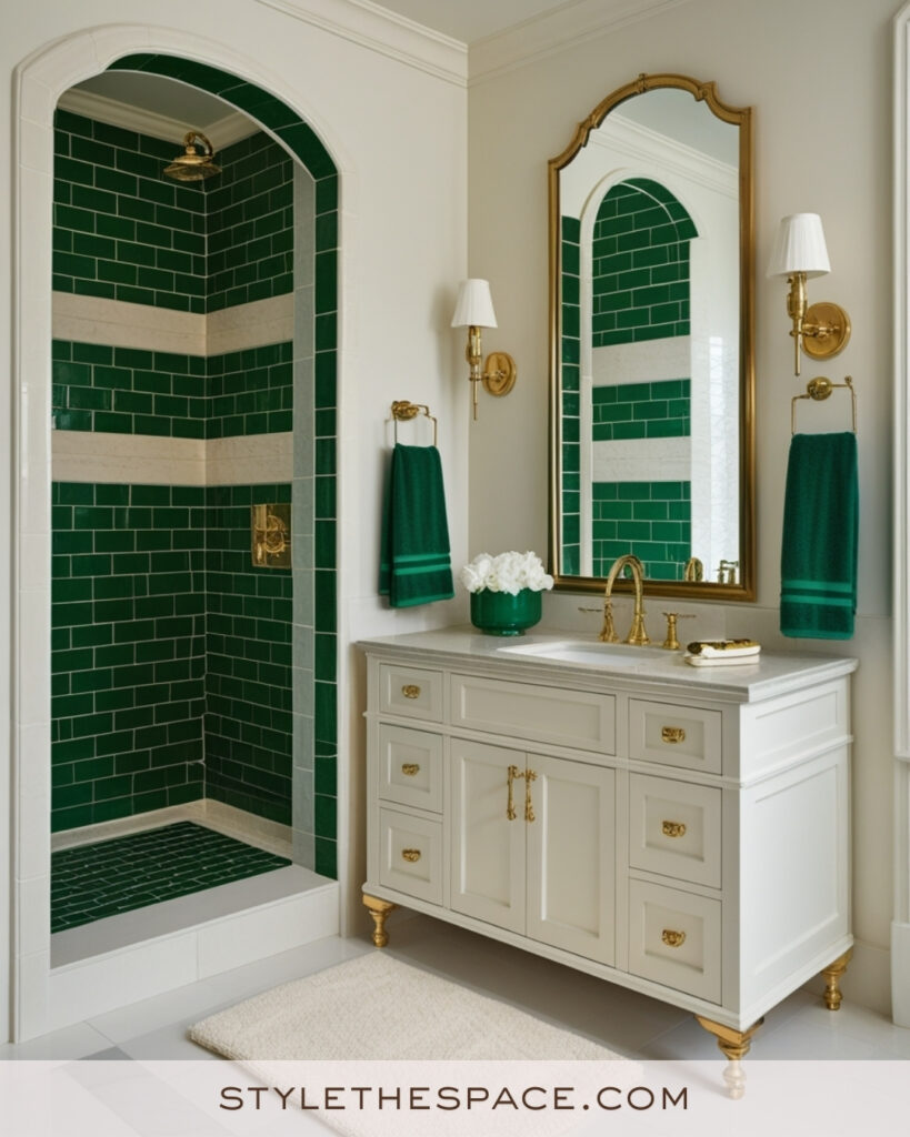 Ivory Bathroom With Emerald Green Tiles and Brass Accents