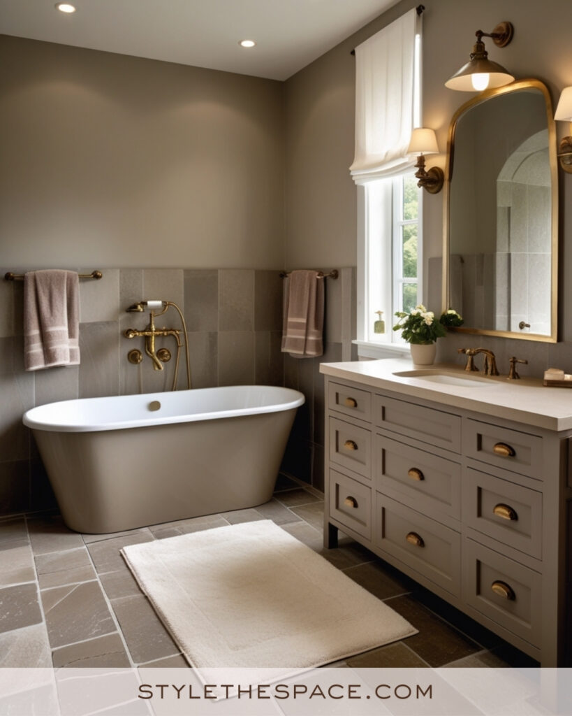 Ivory Bathroom With Warm Taupe Walls and Brushed Brass Fixtures