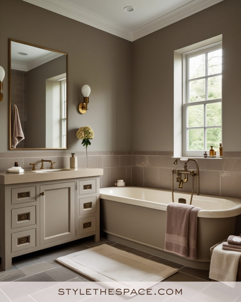 Ivory Bathroom With Warm Taupe Walls and Brushed Brass Fixtures