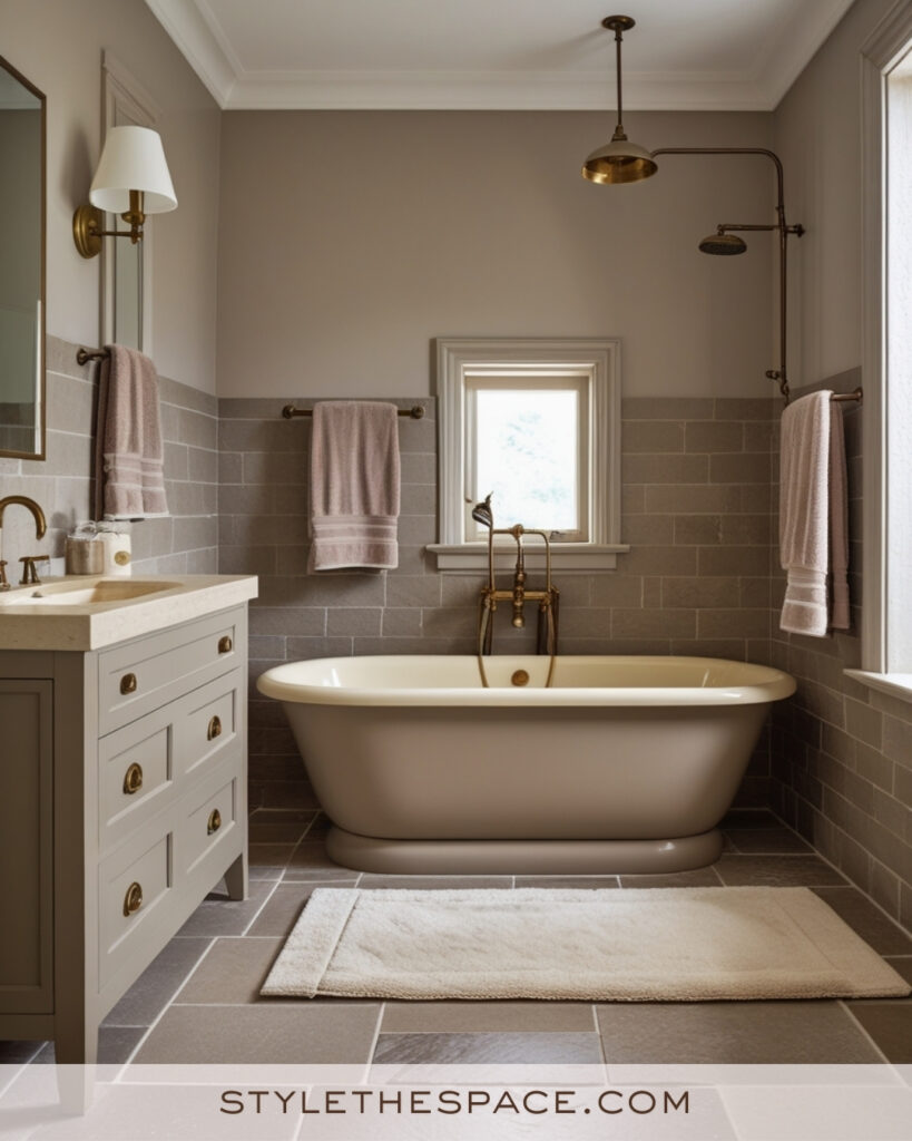 Ivory Bathroom With Warm Taupe Walls and Brushed Brass Fixtures