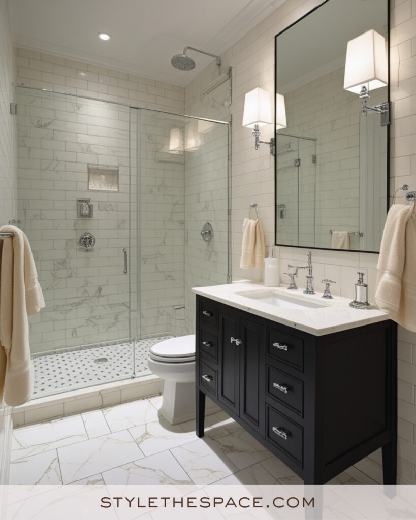 Ivory Bathroom With Black Vanity and Marble Tile Details
