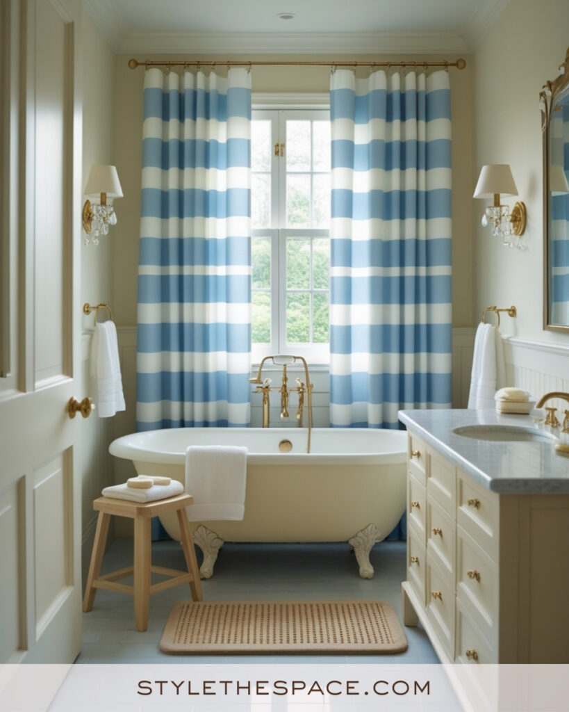 Ivory Bathroom With Soft Blue Striped Curtains and Brass Fixtures