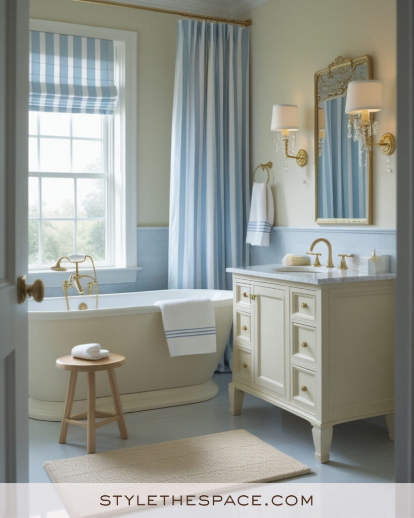 Ivory Bathroom With Soft Blue Striped Curtains and Brass Fixtures