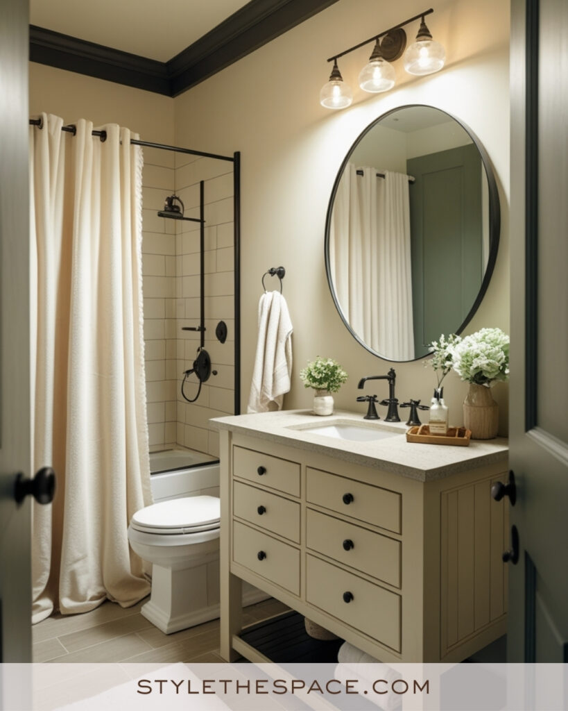 Warm Ivory Bathroom With Soft Sage and Matte Black Accents