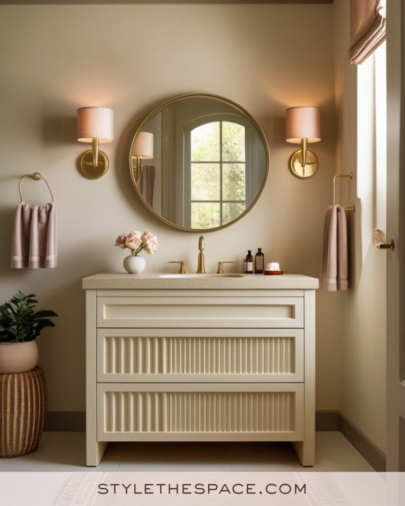 Ivory Bathroom With Soft Blush Accents and Warm Brass Lighting