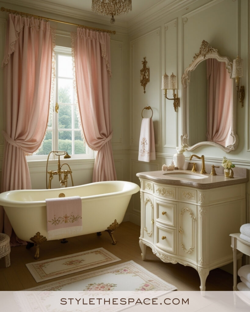 Elegant Ivory Bathroom With Blush Pink Drapery and Vintage Gold Details