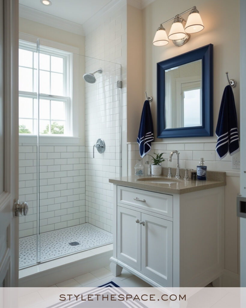 Ivory Bathroom With Navy Blue Accents and Crisp White Tiles