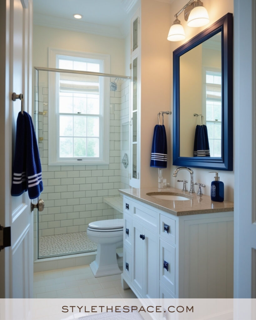 Ivory Bathroom With Navy Blue Accents and Crisp White Tiles