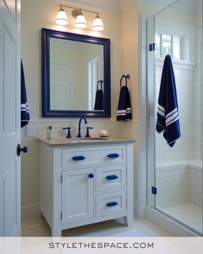 Ivory Bathroom With Navy Blue Accents and Crisp White Tiles