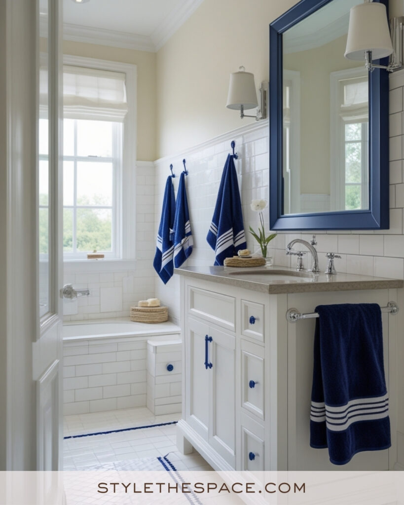 Ivory Bathroom With Navy Blue Accents and Crisp White Tiles