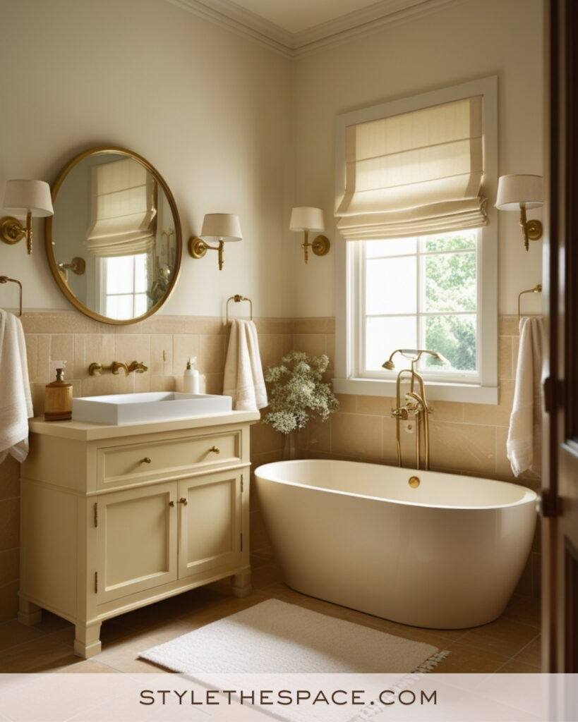 Warm Ivory Bathroom With Beige Tile and Brass Accents
