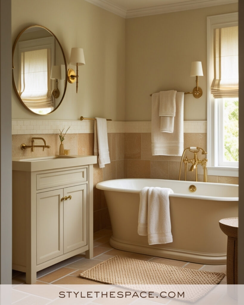 Warm Ivory Bathroom With Beige Tile and Brass Accents