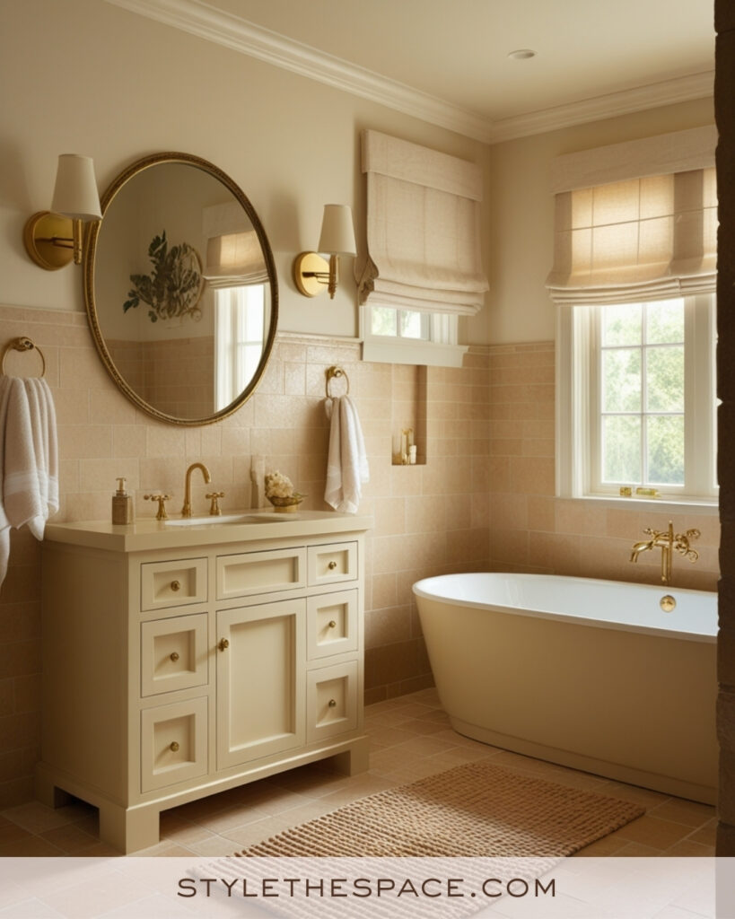 Warm Ivory Bathroom With Beige Tile and Brass Accents