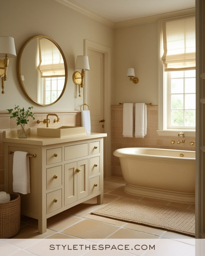 Warm Ivory Bathroom With Beige Tile and Brass Accents