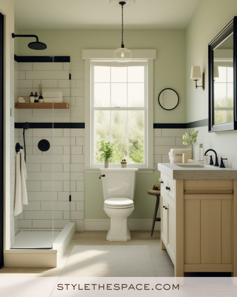 Warm Ivory Bathroom With Soft Sage and Matte Black Accents