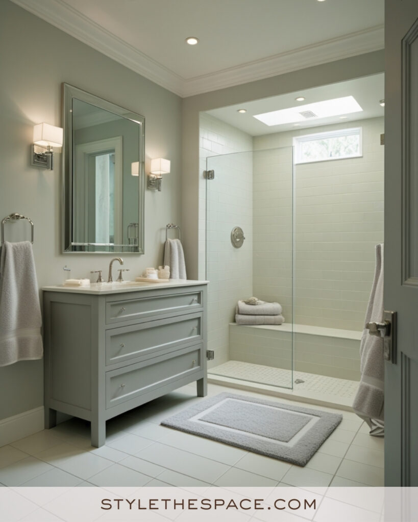 Ivory Bathroom With Soft Gray Vanity and Modern Chrome Details