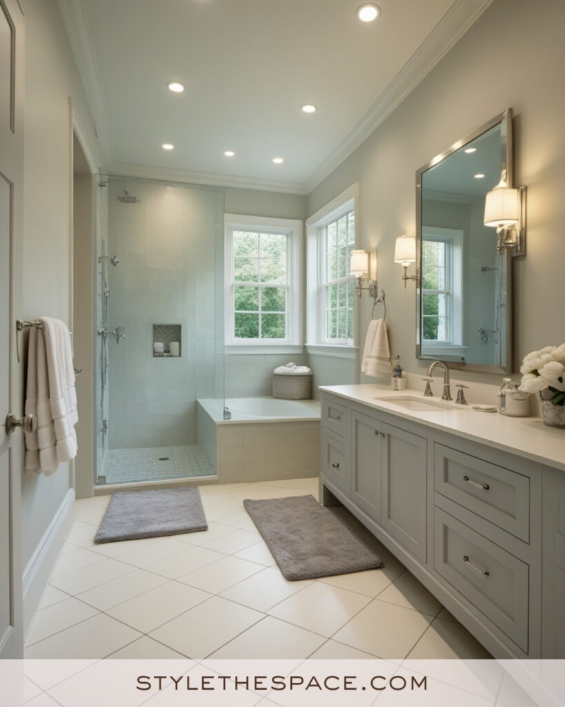 Ivory Bathroom With Soft Gray Vanity and Modern Chrome Details