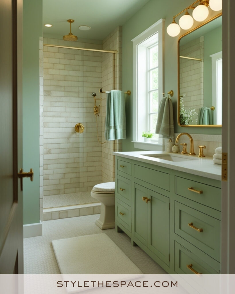 Ivory Bathroom With Soft Sage Green Vanity and Brass Fixtures