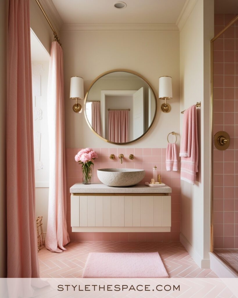 Ivory Bathroom With Blush Pink Tiles and Brass Accents