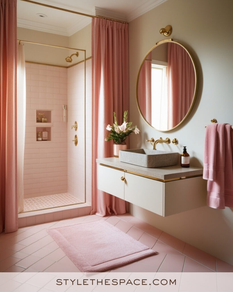 Ivory Bathroom With Blush Pink Tiles and Brass Accents