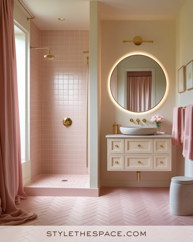 Ivory Bathroom With Blush Pink Tiles and Brass Accents