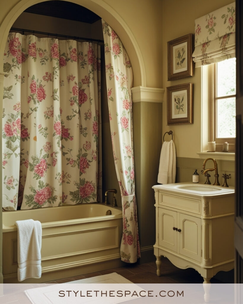 Vintage Ivory Bathroom With Floral Curtains and Warm Cream Walls