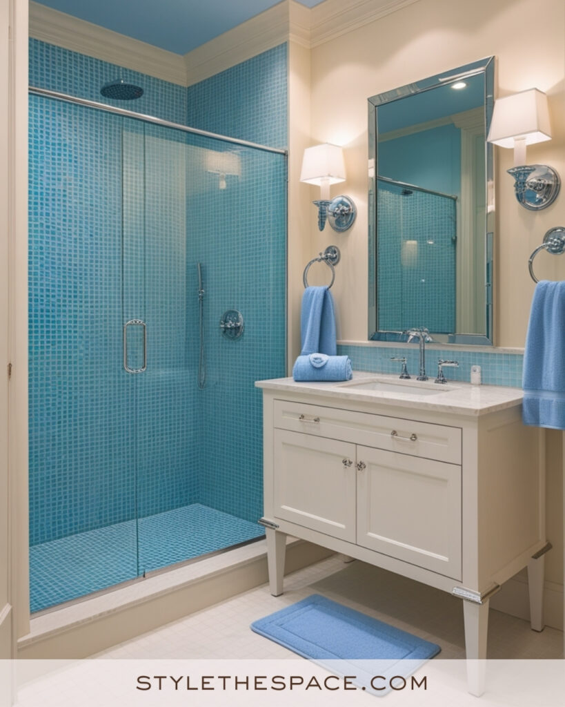 Ivory Bathroom With Aqua Blue Mosaic Tiles and Chrome Fixtures