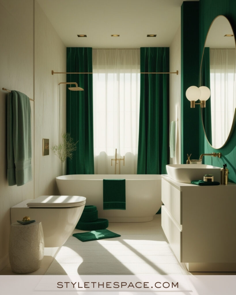Modern Ivory Bathroom With Emerald Green Drapery and Gold Accents