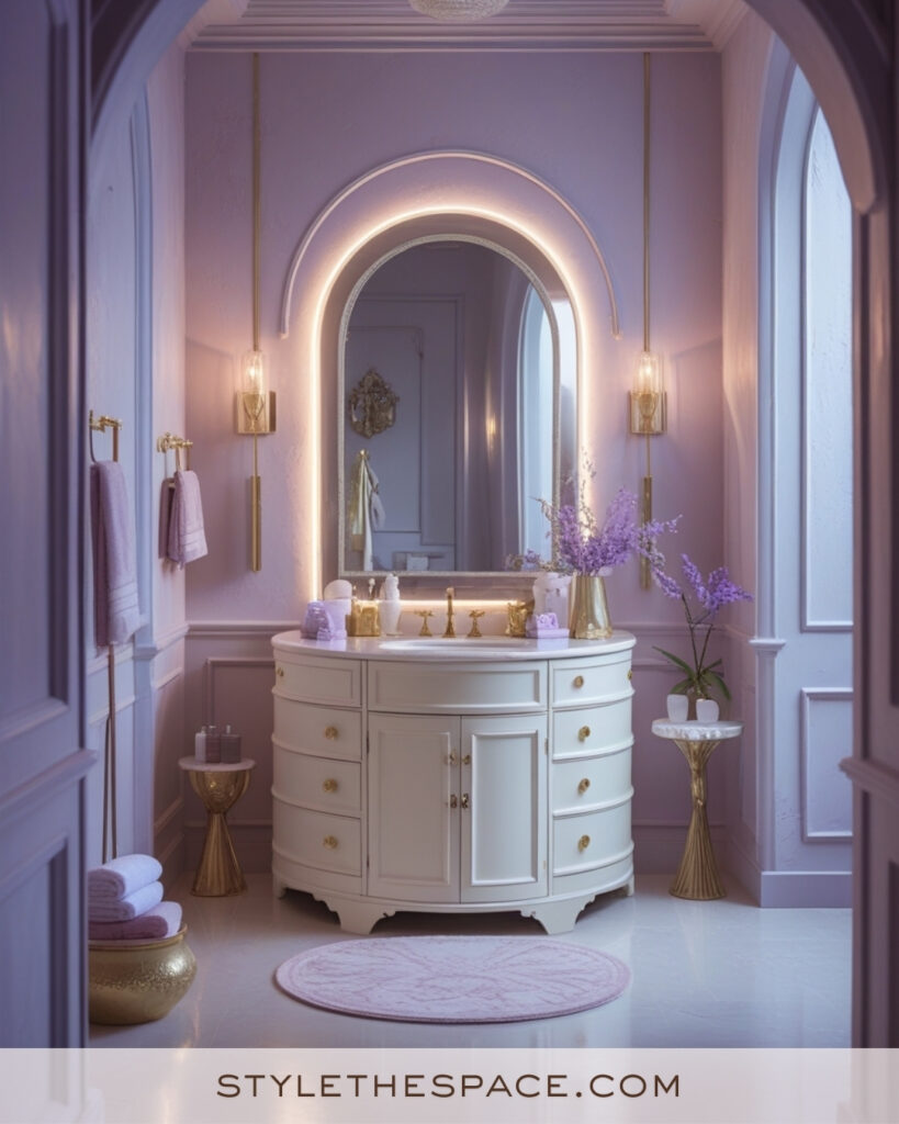 Ivory Bathroom With Lavender Walls and Elegant Gold Accents