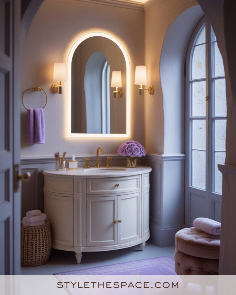 Ivory Bathroom With Lavender Walls and Elegant Gold Accents