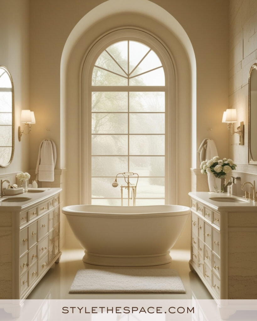 Luxurious Ivory Bathroom With Arched Window and Soft Cream Tones