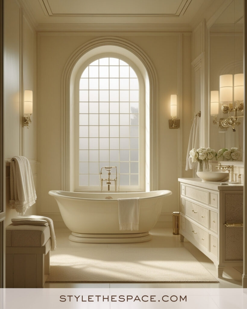 Luxurious Ivory Bathroom With Arched Window and Soft Cream Tones