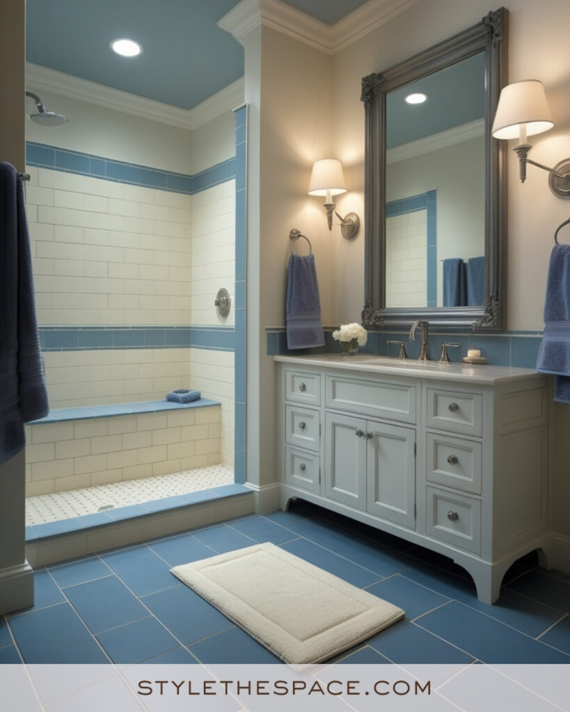 Ivory Bathroom With Soft Blue Tile Accents and Classic Subway Walls
