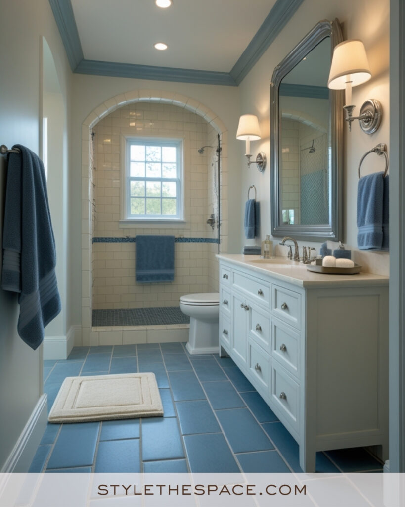 Ivory Bathroom With Soft Blue Tile Accents and Classic Subway Walls