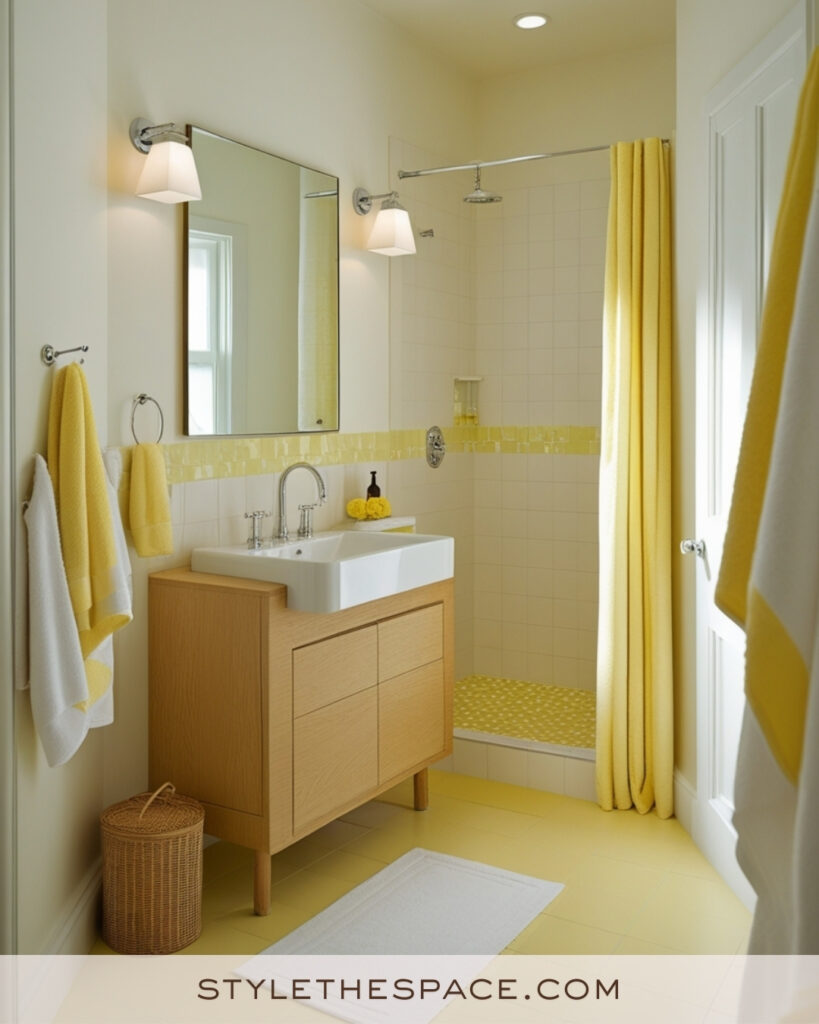 Ivory Bathroom With Sunny Yellow Accents and Light Wood Vanity