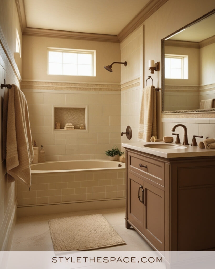 Warm Ivory Bathroom With Beige Tiles and Bronze Fixtures