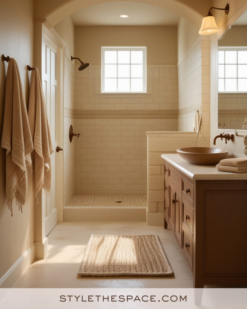 Warm Ivory Bathroom With Beige Tiles and Bronze Fixtures