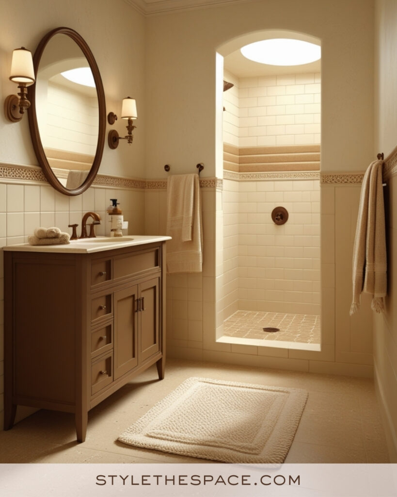 Warm Ivory Bathroom With Beige Tiles and Bronze Fixtures