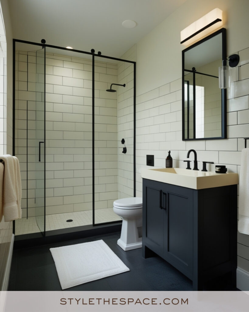 Ivory Bathroom With Black Vanity and Modern Subway Tile