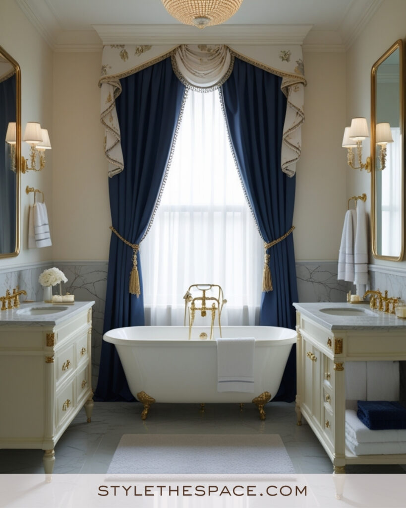 Elegant Ivory Bathroom With Gold Accents and Soft Peach Drapery