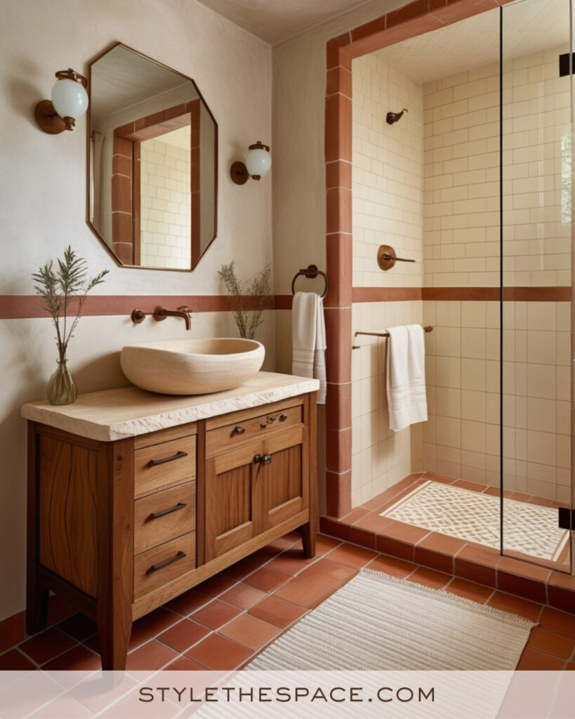 Ivory Bathroom With Terracotta Tiles and Warm Wood Vanity