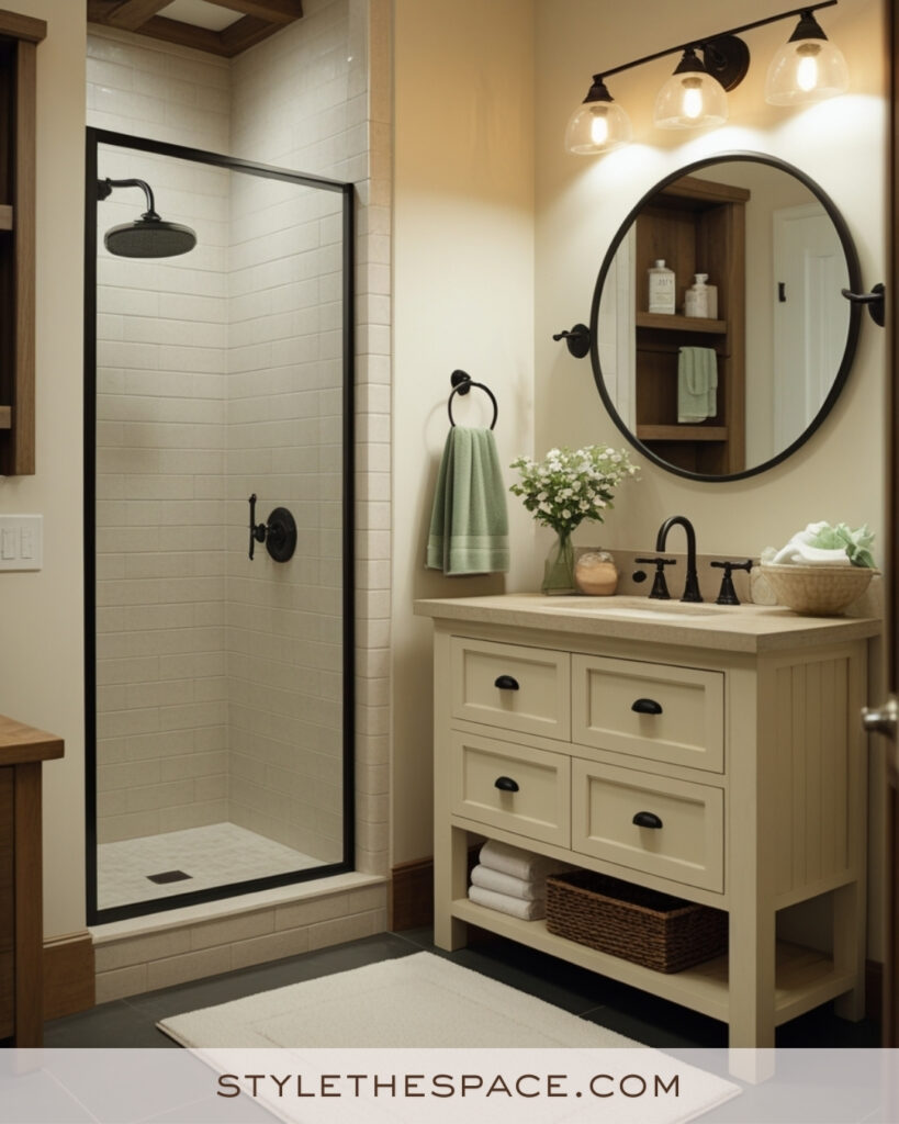Warm Ivory Bathroom With Soft Sage and Matte Black Accents