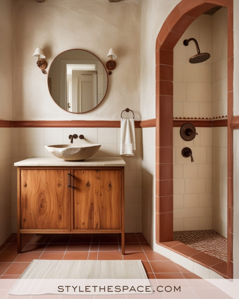 Ivory Bathroom With Terracotta Tiles and Warm Wood Vanity